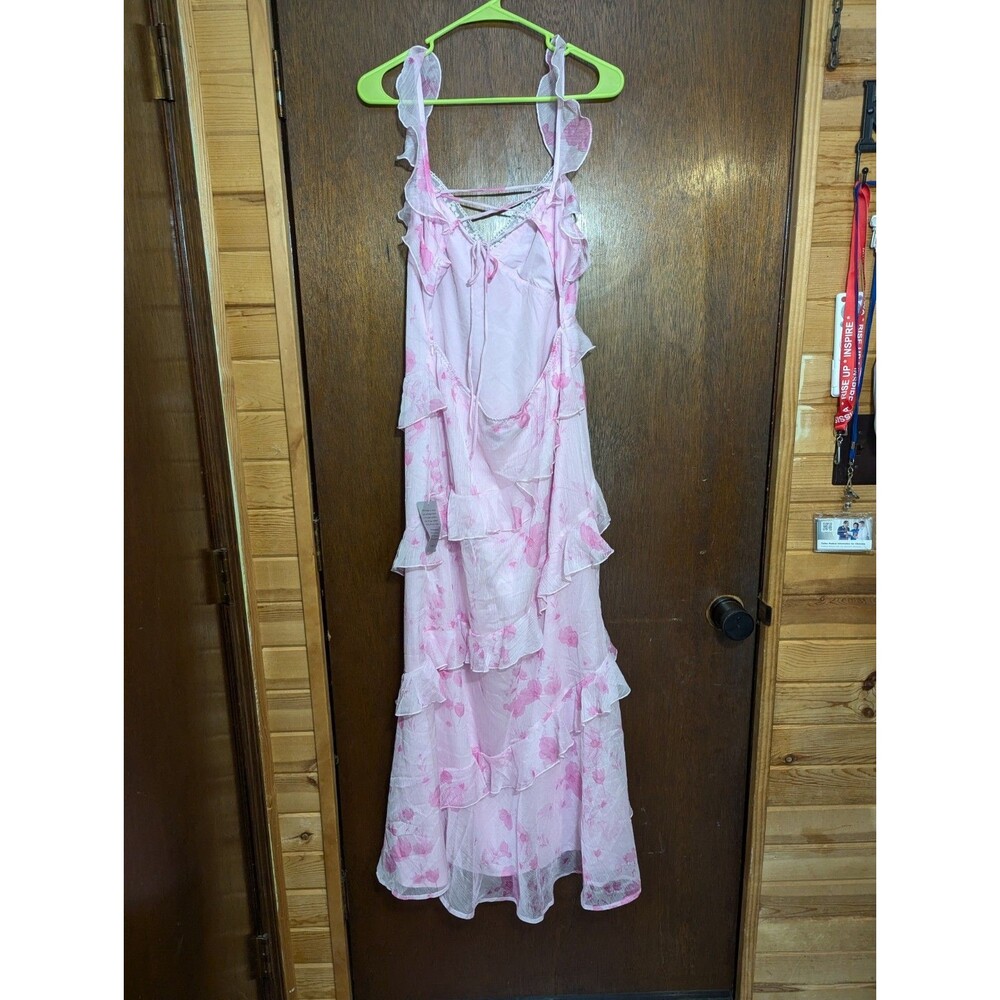 Petal + Pup Pink Floral Ruffle Dress Women’s L Romantic Lace Trim Cottagecore